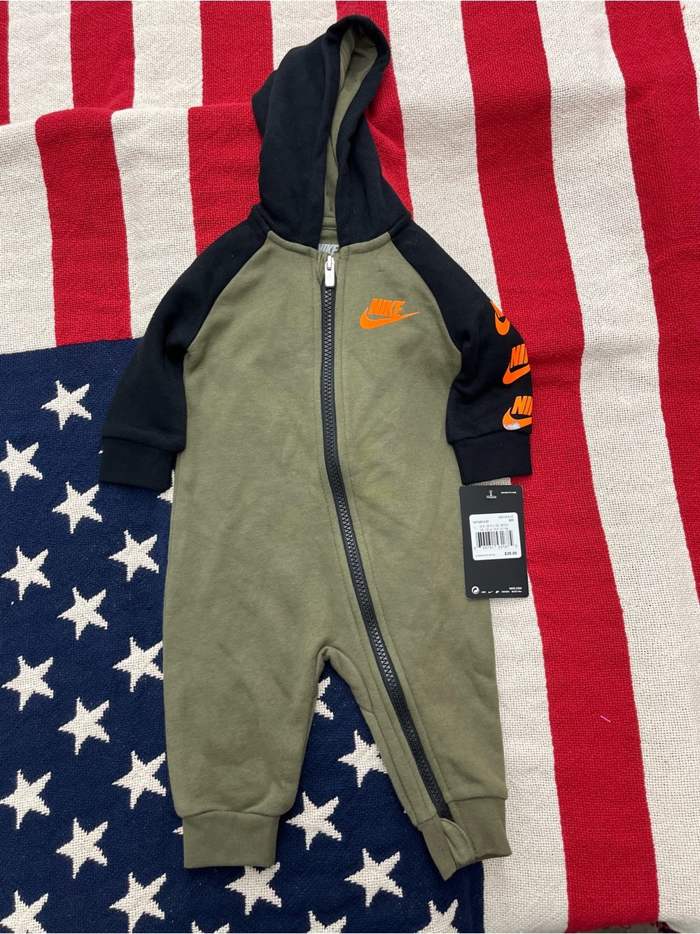 Nike Kids Olive & Black Hooded One-Piece with Orange Logos Size 6 Months NWT